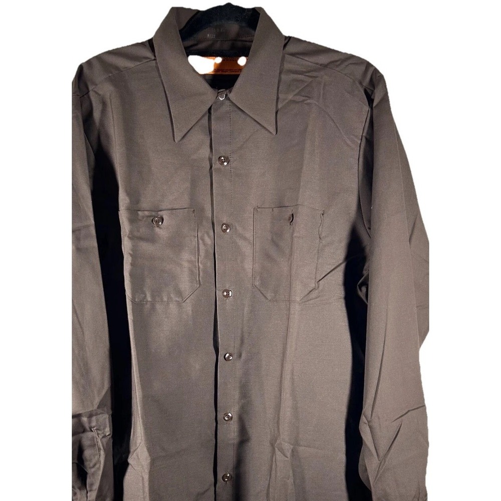 Mens Dark Brown Work Shirt Long Sleeve Button Up Durable Press USA Size L-LN